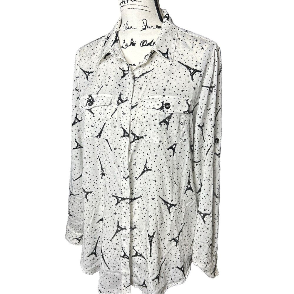 Karl Lagerfeld Novelty Print Paris Eiffel Tower Galaxy Black White Blouse Size M